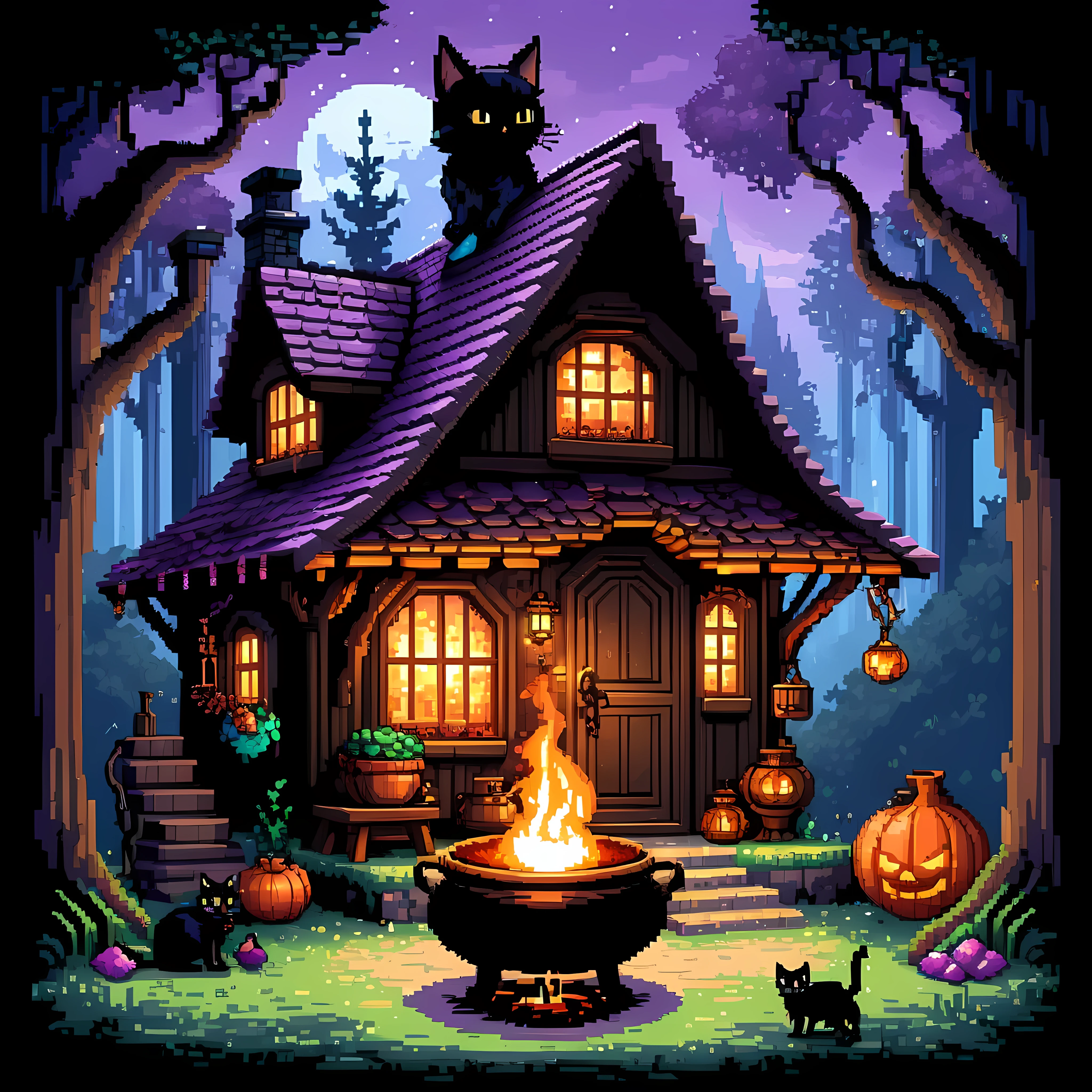 Cute pixel art illustration, masterpiece in maximum 16K resolution, superb quality, visualize a haunting twilight garden within a decrepit Victorian mansion during a sultry summer, where velvety dark roses, twisting ivy, the intricately carved gently flowing fountain, eerie bats flit through the dusky sky, adding a mysterious and gothic charm to the warm summer ambiance. | ((More_Detail))