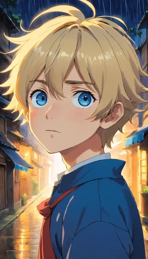 Anime boy with blonde hair and blue eyes in a white shirt - SeaArt AI