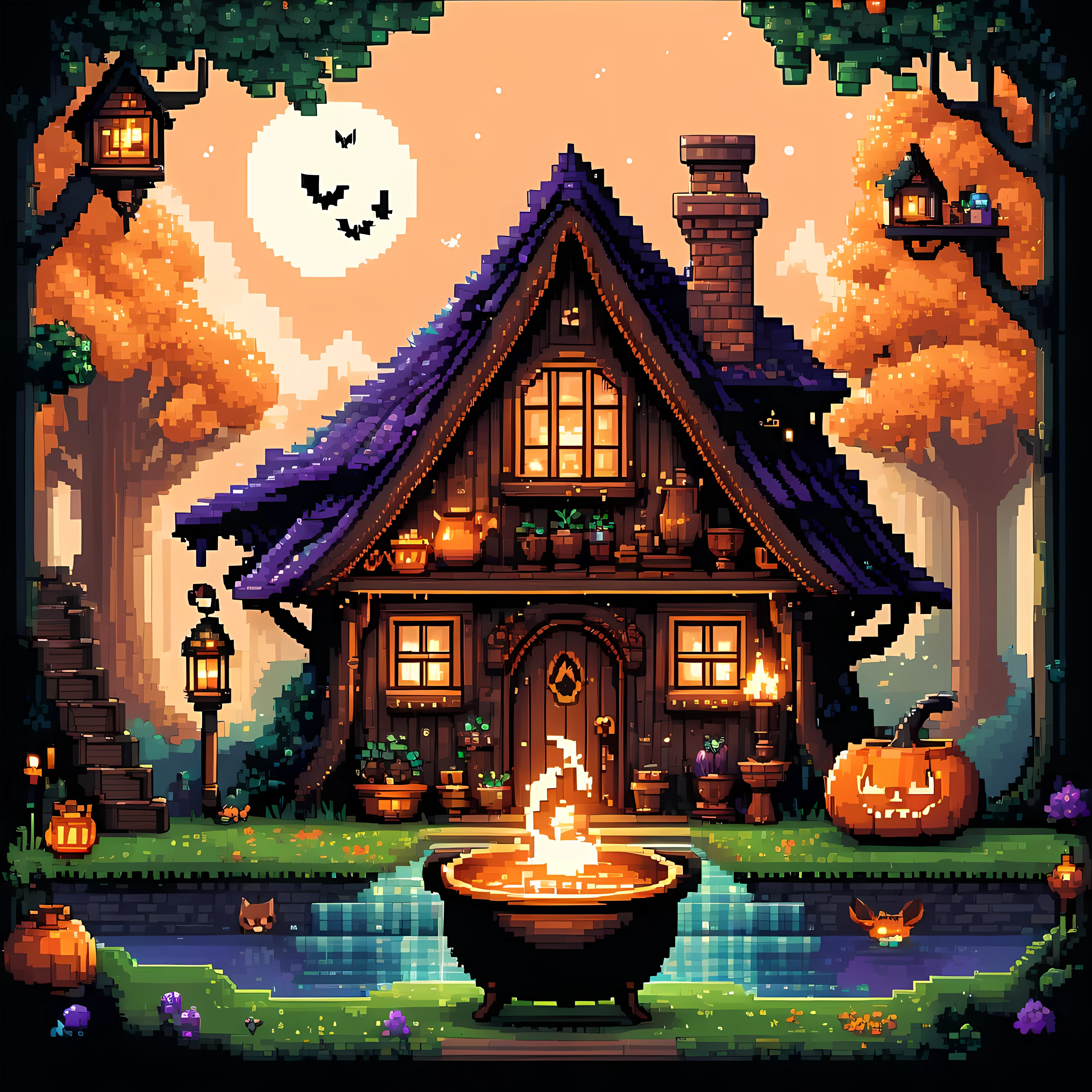 Illustration mignonne de pixel art, Chef-d&#39;œuvre en résolution maximale de 16K, Superbe qualité, imaginez une charmante maison de sorcière en pixel art dans les bois enchantés, mettant en vedette un (chaudron bouillonnant en cuivre), (Livres de sorts reliés en cuir patiné), et adorable chat noir ébène familier, créant une atmosphère magique et accueillante où la sagesse ancienne et la chaleur convergent harmonieusement. | ((Plus_détail))