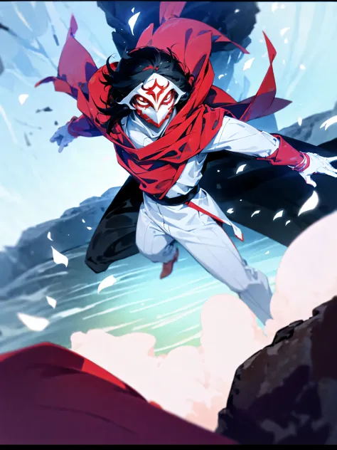 1male, Black hair, white mask, red super suit, white gloves, floating rocks, shrine, standing on path