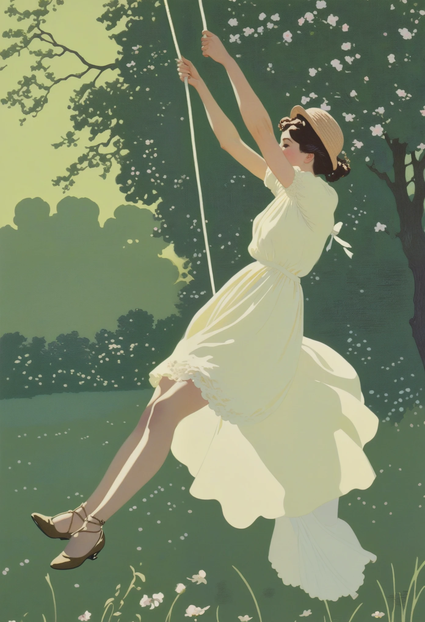 arafed woman swinging on a rope in a field, by Konstantin Somov, inspired by Konstantin Somov, by Ida Rentoul Outhwaite, by Nikolai Ge, hans thoma, inspired by Ida Rentoul Outhwaite, the non-binary deity of spring, by Julius Klinger, by Randolph Schwabe, by Charles Angrand