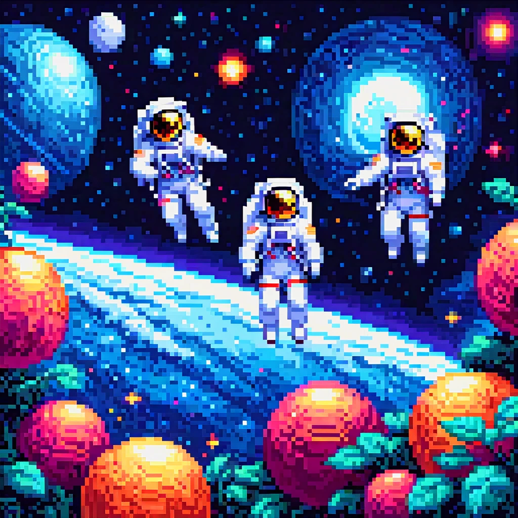 Pixel Art, Pixelierte Astronauten im Stil der 1980er schweben über der Erde in einem leuchtenden Neon-Weltraum mit weit entfernten Sternen, detaillierte Helme, und weiße Anzüge mit roten und blauen Akzenten, einander zuwinken. HD 2D Pixel Art :: Pixel style :: Pixels