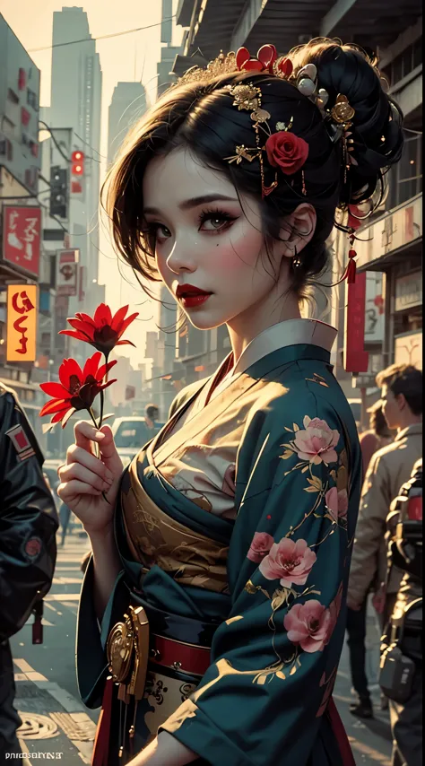 geisha cyberpunk without jaw looking up,hair tied,red flower in hair,black hair,red lipstick,dark makeup,hand drawn,art nouveau
