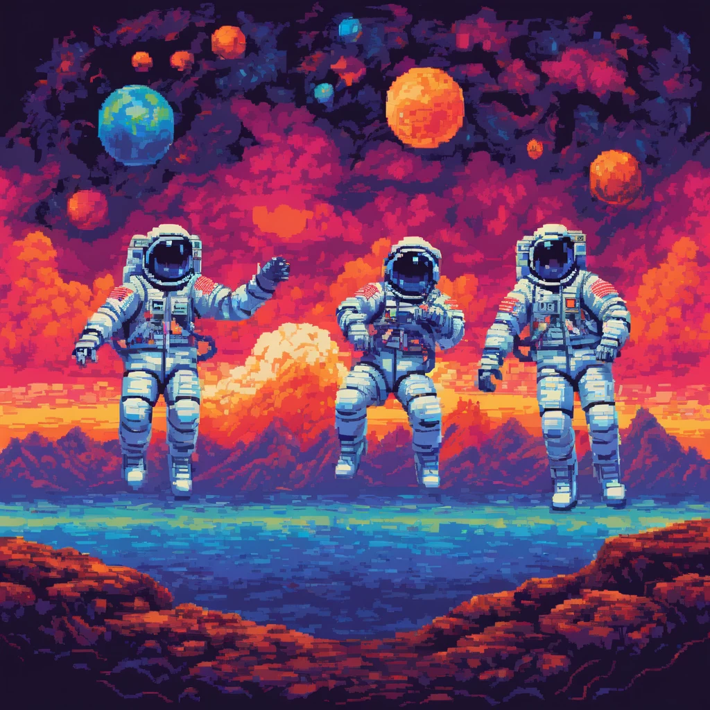 Pixel Art, Pixelated 1980s-style astronauts float above Earth in vibrant neon space with distant stars, detailed helmets, and white suits with red and blue accents, waving at each other. HD 2D Pixel Art :: Pixel style :: Pixels