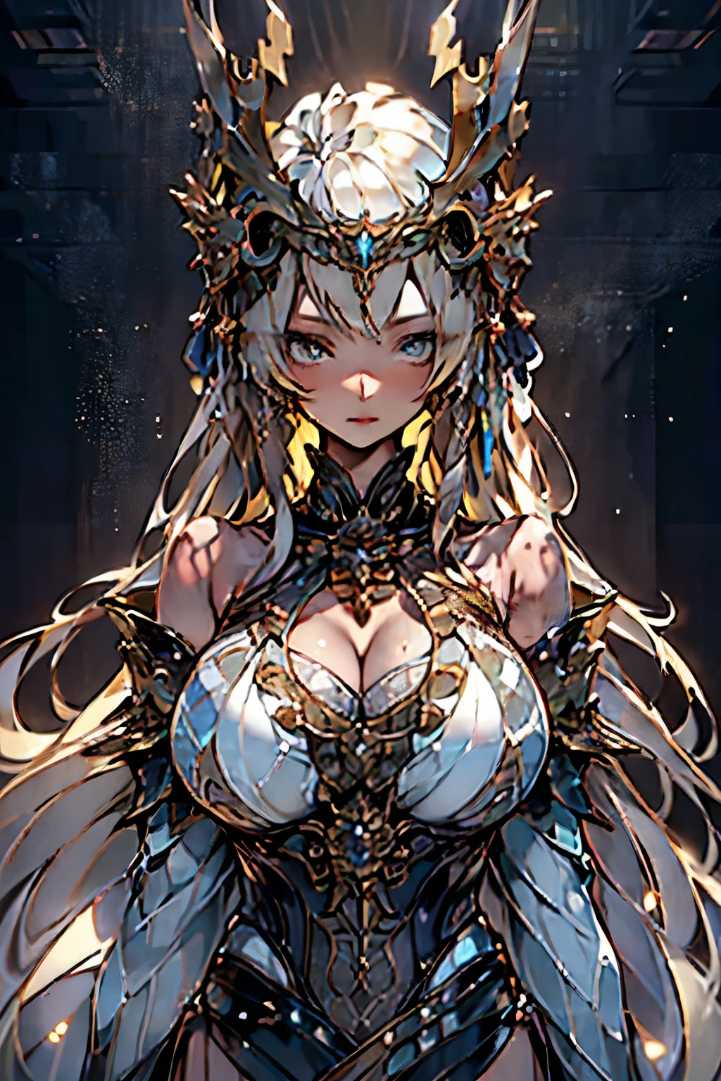 (( (master piece)，（Highly detailed CG Unity 8K wallpaper），best quality，cinematic lighting，detailed background，beautiful and fine eyes，bright pupils，（very elegant and beautiful），（Beautiful and detailed eye depiction），super detailed，master piece，High resolution)), curly, ((sexy bikini arms:1.4)), richly decorated gold armor, beautiful female warrior, long hair, (platinum blonde hair), cleavage