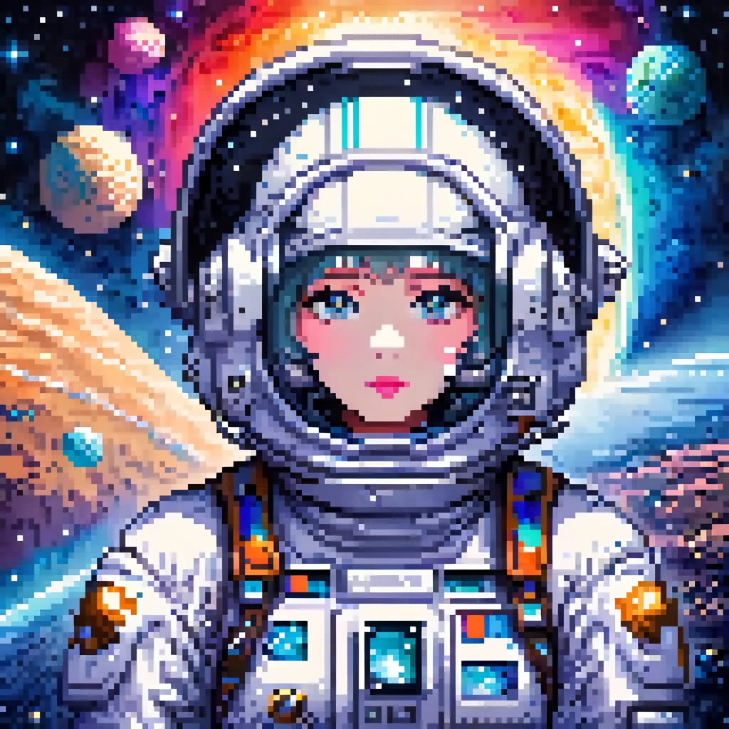 Pixel Art, Pixelated 1980s-style astronauts float above Earth in vibrant neon space with distant stars, detailed helmets, and white suits with red and blue accents, waving at each other. HD 2D Pixel Art :: Pixel style :: Pixels