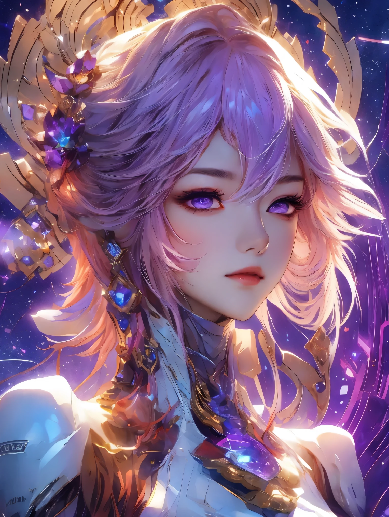 masterpiece, best quality, ultra-detailed, illustration, , , 1girl,solo, image body, flower, looking at viewer, , , purple eyes, jewel-like eyes, extremely detailed eyes, extremely detailed face,, , star (sky), constellation,  purple energy,  railing, meteor