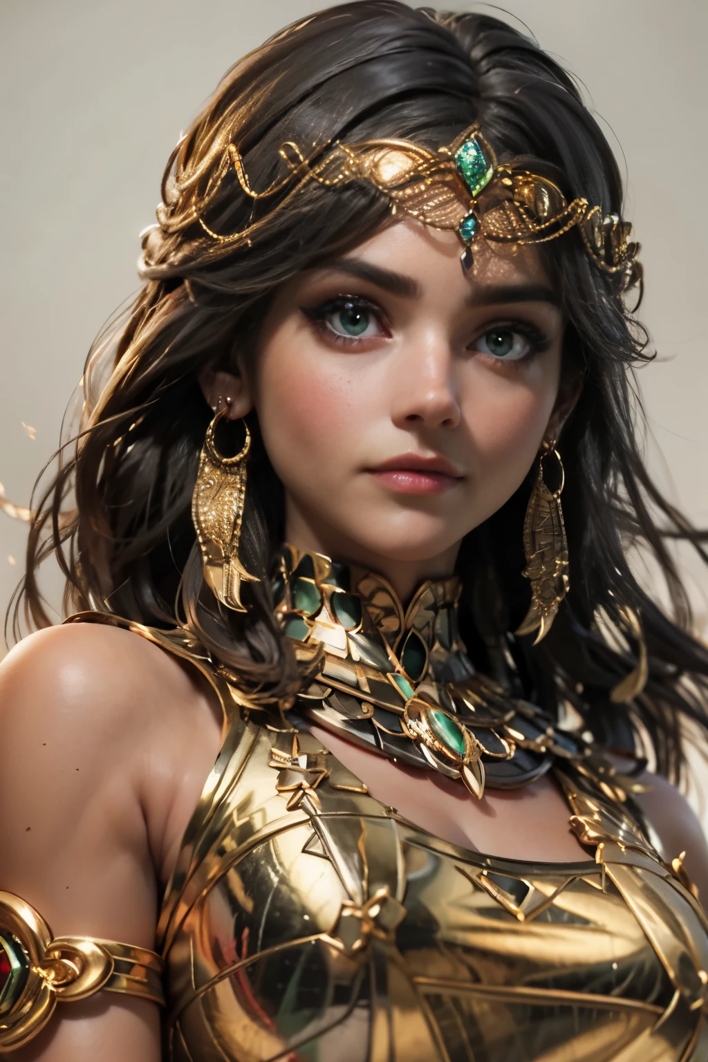 아름다운 이집트 여왕의 초현실적인 초상화 사진, 표정이 풍부한 녹색 눈으로 자랑스럽게 카메라를 내려다보고 있습니다., 검게 그을린 피부톤 , 얇은 코 , 황금색 액세서리와 보석류가 달린 검은색 땋은 밥 머리 , 흰색의 터프한 드레스를 입고