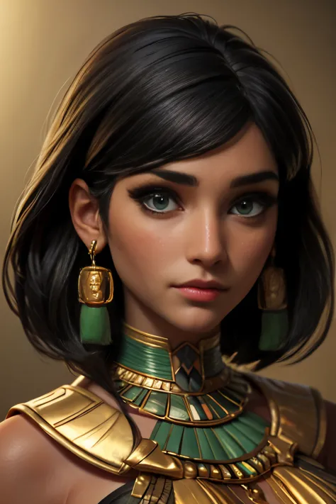 hyper realistic portrait shot of a beautiful egyptian queen, looking down proudly on the camera with her expressive green eyes, ...