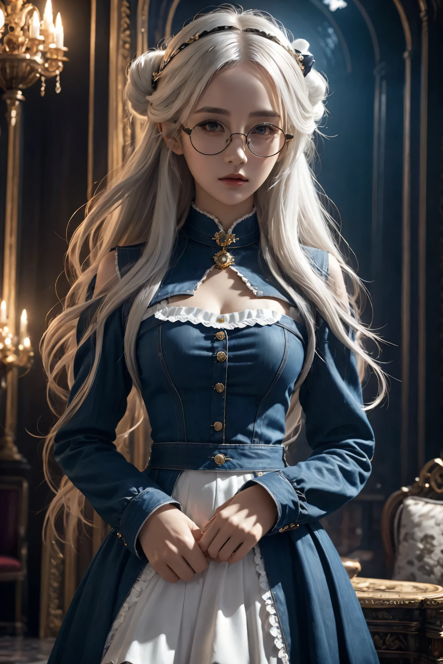 (in the darkness: 1.6),Surrealist female portrait, fantasy art, photorealism, dynamic lighting, art station, poster, Volumetric lighting, Very detailed faces, 4K, won,, 1 girl, in the darkness, deep shadow, low profile, Denim lens set: 1.4), long hair, white hair, broken into pieces, luxurious palace, royal style, (wear glasses),(hair accessories),