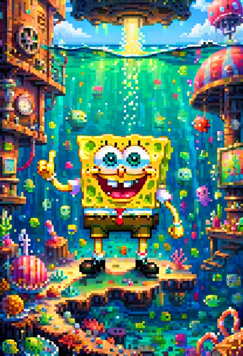 pixel art, "SpongeBob SquarePants", fantasy, (best quality, masterpiece, Representative work, official art, Professional, high d...