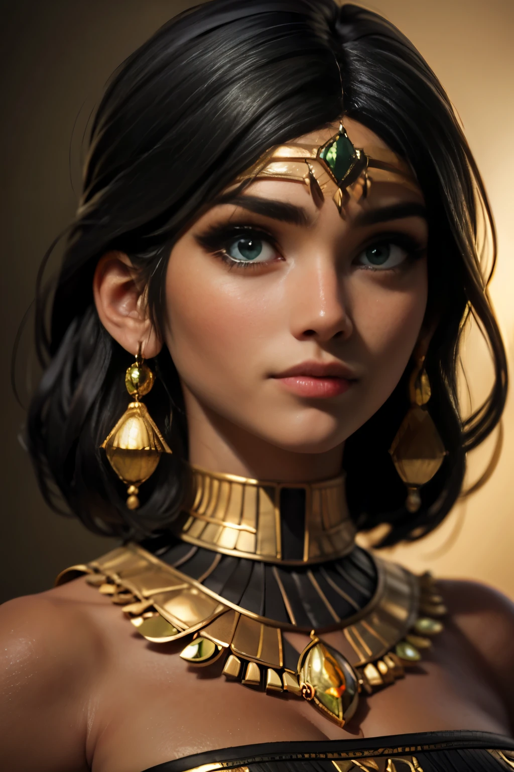 hyper realistic portrait shot of a beautiful egyptian queen, looking down proudly on the camera with her expressive green eyes, tanned skin tone , thin nose , black bob hair with braided bangs, golden accessories and jewelries 