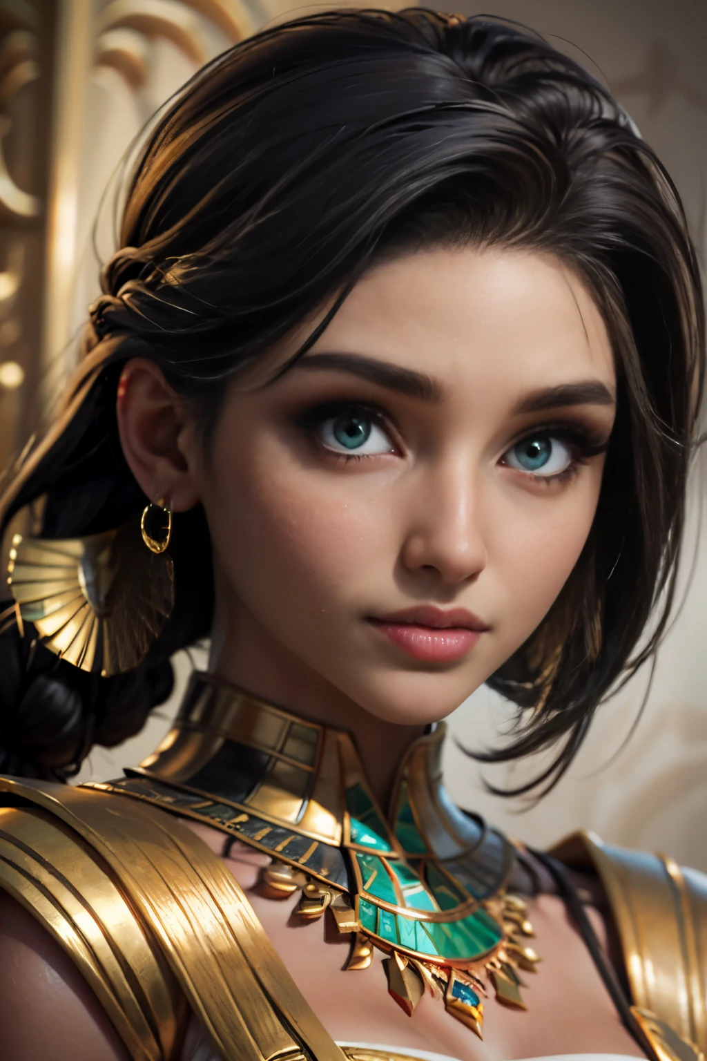 hyper realistic portrait shot of a beautiful egyptian queen, looking down proudly on the camera with her expressive green eyes, tanned skin tone , thin nose , black braided bob hair with golden accessories and jewelries , wearing a white see tough dress