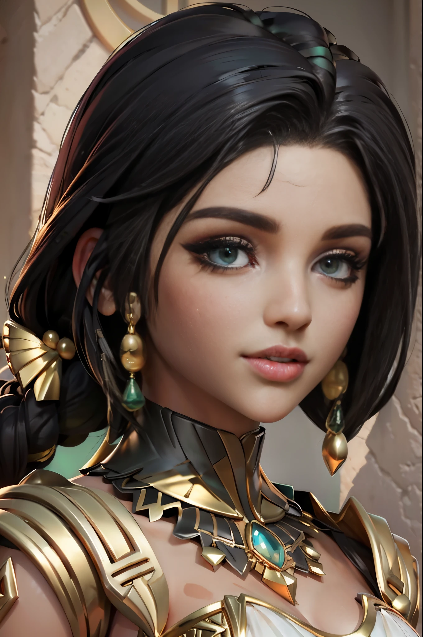 hyper realistic portrait shot of a beautiful egyptian queen, looking down proudly on the camera with her expressive green eyes, tanned skin tone , thin nose , black braided bob hair with golden accessories and jewelries , wearing a white see tough dress