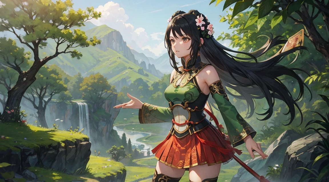 Guan Yinping, fighting stance, Serious,  black hair, brown eyes, hair accessories, hair flower, green roof, looking at the audience, forest, Half body, Hold the card, Black stockings, permanent, 上Half body