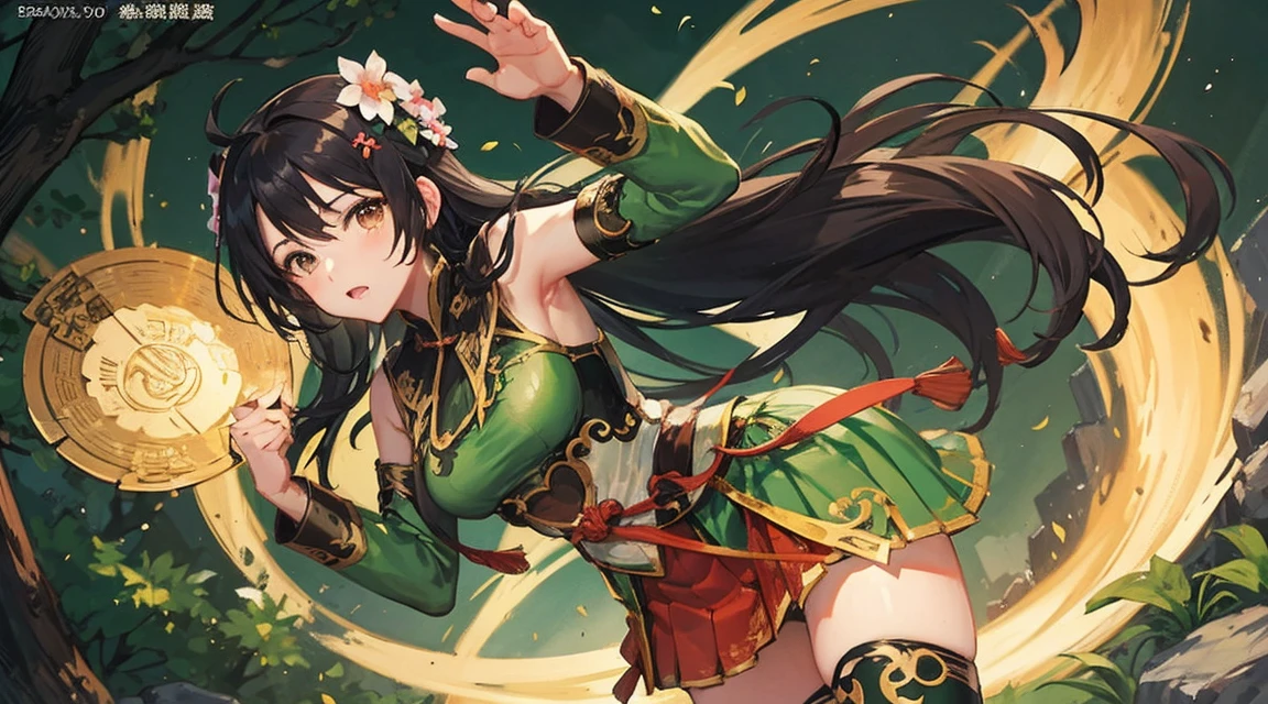 Guan Yinping, fighting stance, Serious,  black hair, brown eyes, hair accessories, hair flower, green roof, looking at the audience, forest, Half body, Hold the card, Black stockings, permanent, 上Half body