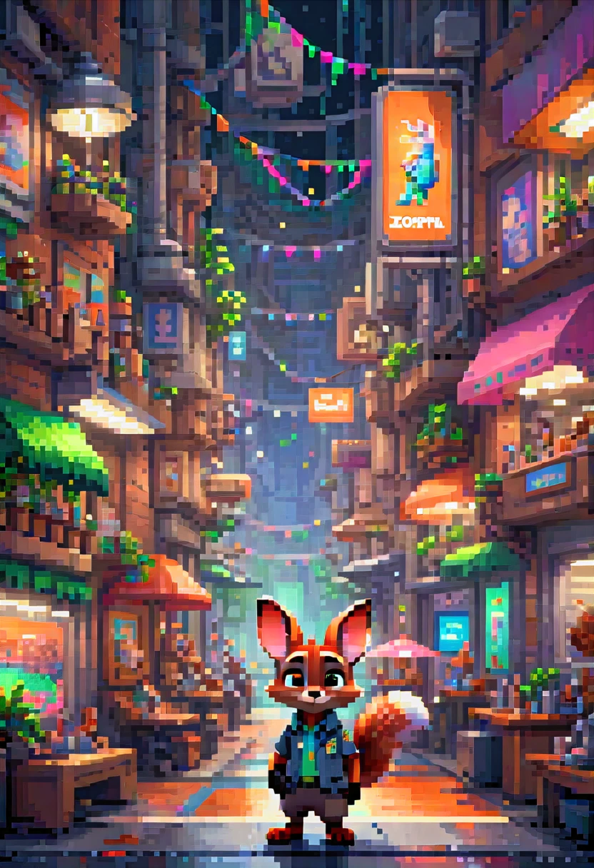 pixel art, "Zootopia", Fantasie, (beste Qualität, Meisterwerk, Repräsentative Arbeit, offizielle Kunst, Fachmann, hohe Details, ultra kompliziert detailliert:1.3)