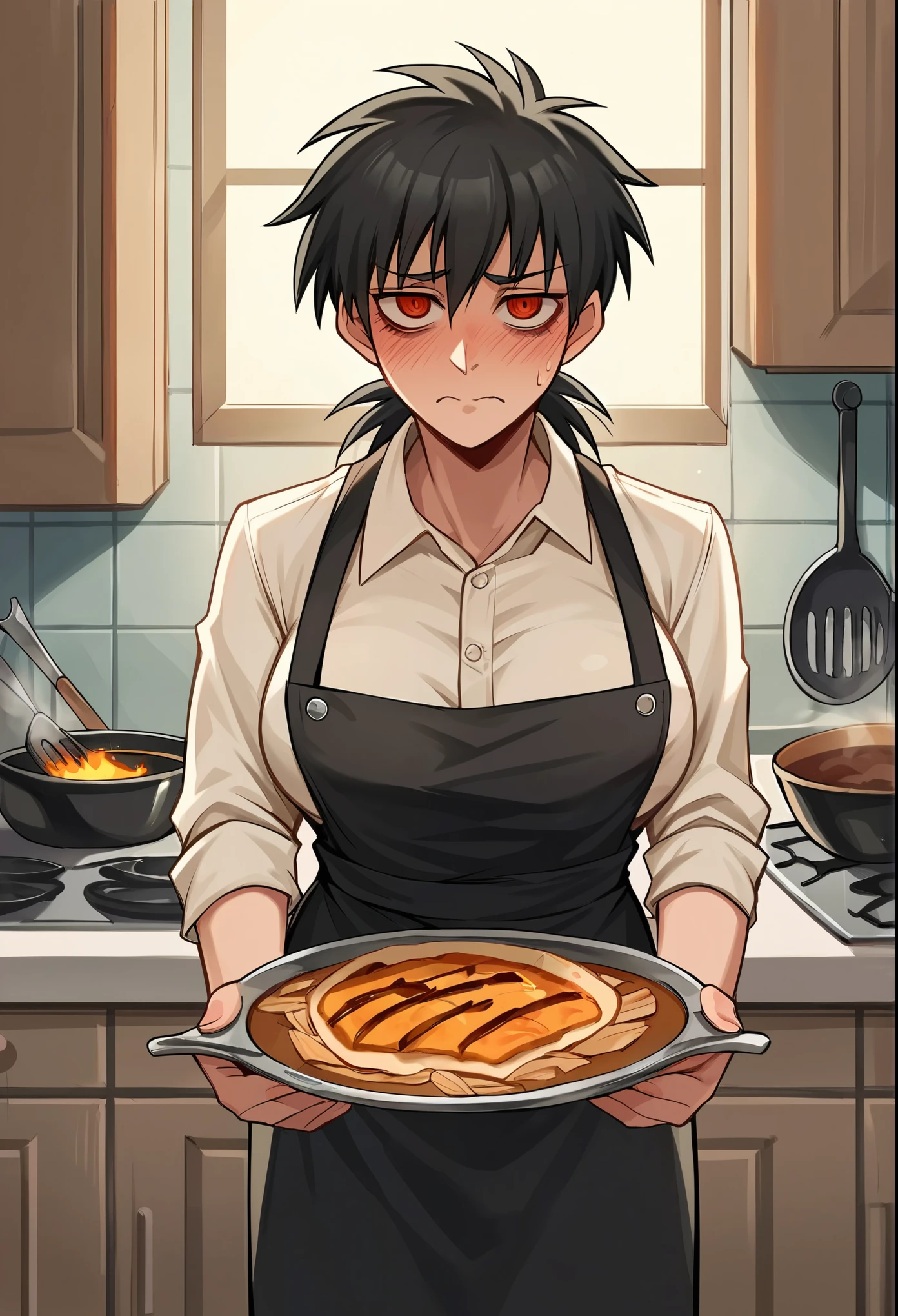 Anime character holding a plate of food in a kitchen - SeaArt AI