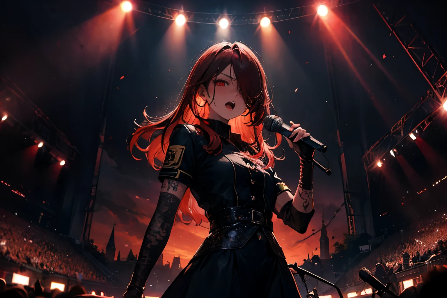 masterpiece, best quality, high quality, detailed, ultra detailed, hyper detailed, insanely detailed, exquisite, beautiful, FHD, Full-HD, 4K, 8K, 16K, highres, absurdres, abyss, cathedral, man, angry, excited, noisy, serious look, looking at viewer, long hair, hair over one eye, red hair, streaked hair, red eyes, piercing, armband, gloves, with a tattoo, with a microphone, beauty mark, at concert, dark atmosphere, dark academia, medium shot, dynamic angle, darkness, backlighting,starrystarscloudcolorful,(open mouth:1.1)