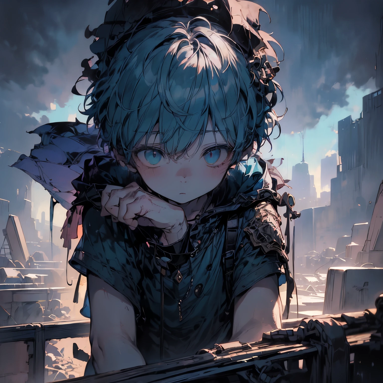 Anime girl with blue hair and a black dress standing on a ledge - SeaArt AI