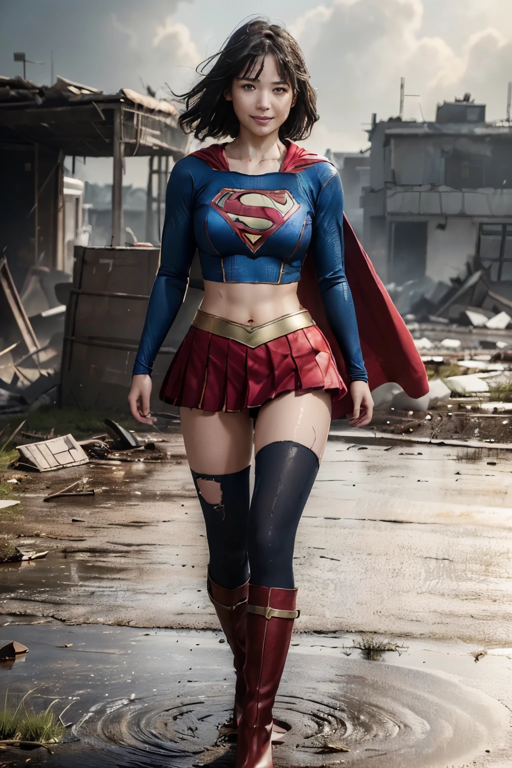 no background、short hair、supergirl costume、perfect costume、(((stretch your legs、expensive、Legally express the beauty of your smile)))、((((Make the most of your original images)))、(((supergirl costume、Torn、Tattered、Destroyed)))、(((beautiful hair)))、(((I&#39;Is painful)))、(((Her legs are wearing black tights.、Wear red boots。、Destroyed)))、((best image quality、8K))、((highest quality、8K、masterpiece:1.3))、(((keep background )))、clear focus:1.2、beautiful woman with perfect figure:1.4、Full of scars、Bloodstained、bloody、thin abs:1.2、wet body:1.5、Highly detailed face and skin texture、8K