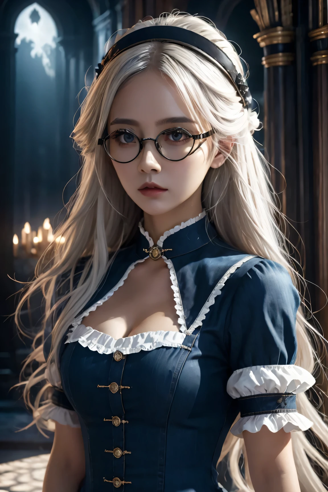 (in the darkness: 1.6),Surrealism, fantasy art, photorealism, dynamic lighting, art station, poster, Volumetric lighting, Very detailed faces, 4K, 1 girl, in the darkness, deep shadow, low profile, Denim maid outfit, long hair, white hair, broken into pieces, luxurious palace, royal style, (wear glasses),(hair accessories),