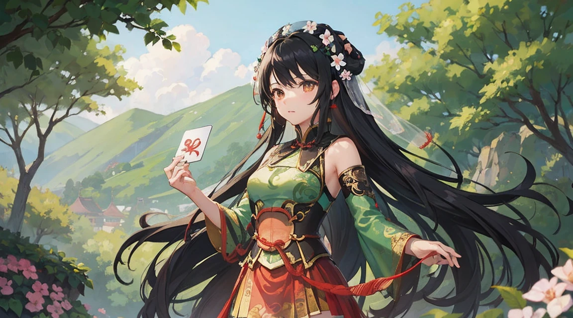 Guan Yinping,black hair, brown eyes, hair accessories, hair flower, green roof, looking at the audience, forest, Half body, Hold the card, Black stockings, permanent, 上Half body，Wedding dress