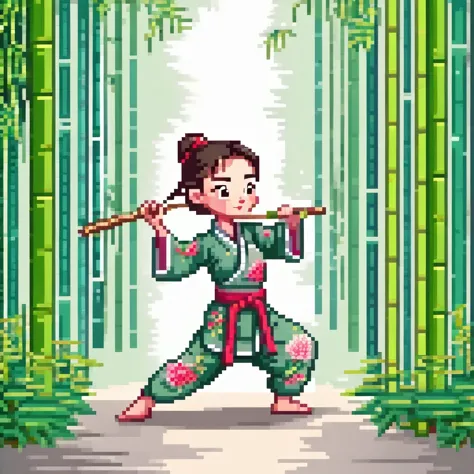 cute cartoon, chinese martial arts, vector illustration, 1 girl, bamboo forest, martial arts, energetic pose, holding a long swo...