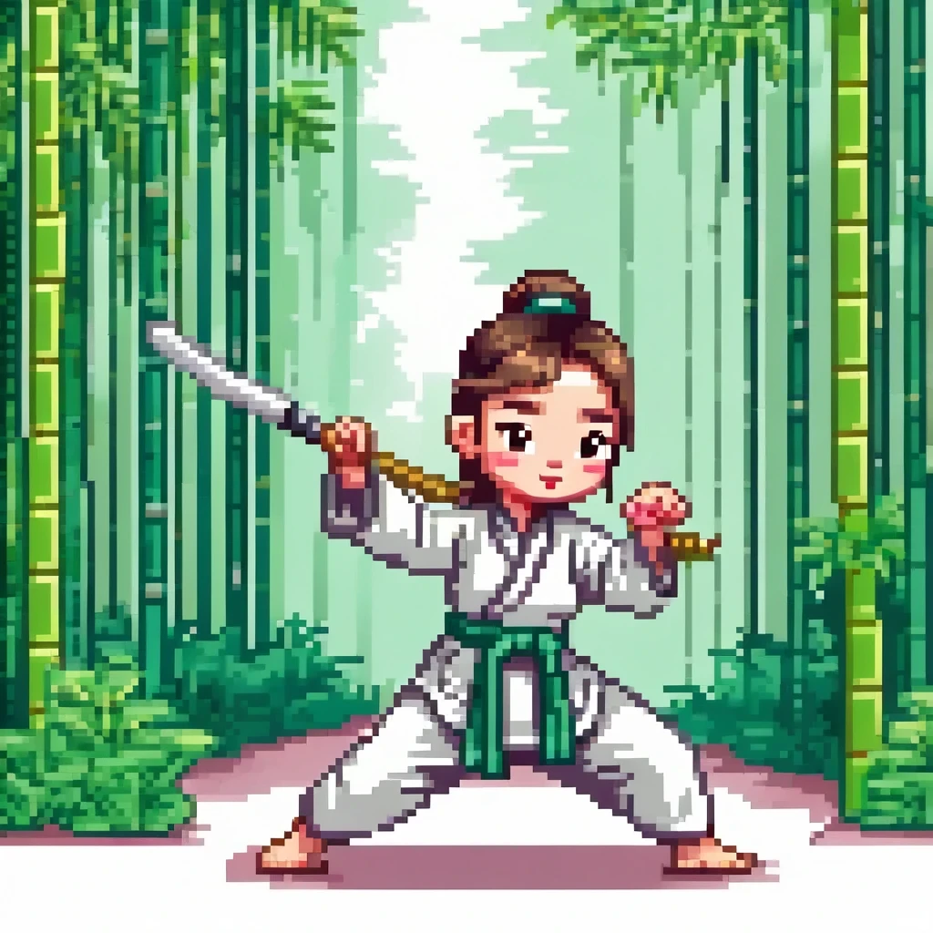 cute cartoon, Chinese martial arts, Vector illustration, 1 girl, bamboo forest, martial arts, energetic pose, Holding a long sword, colorful clothes, traditional style, Featuring peonies and waves, bamboo forest environment is quiet and lush, high bamboo pole, Sunlight casts dappled sunlight through the leaves, A vacant lot, driving range, Vector martial arts illustration