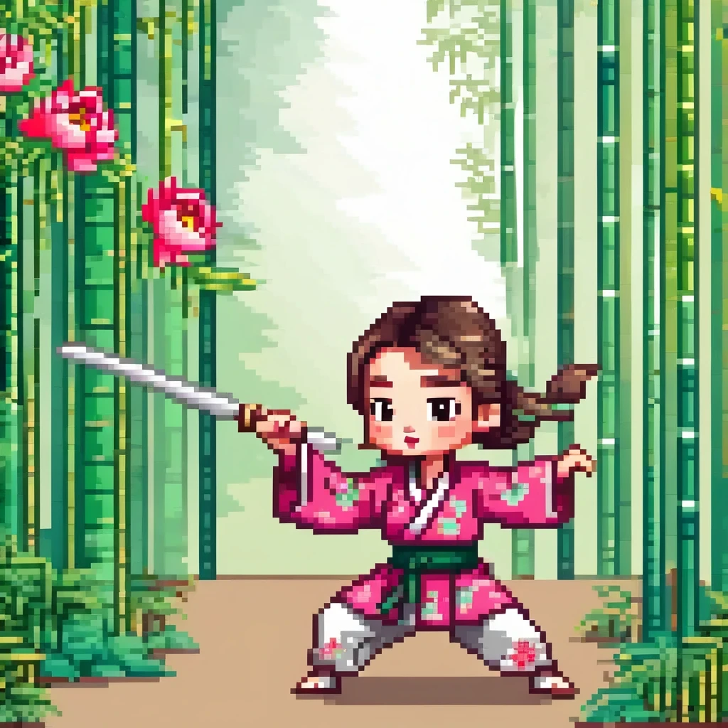 cute cartoon, Chinese martial arts, Vector illustration, 1 girl, bamboo forest, martial arts, energetic pose, Holding a long sword, colorful clothes, traditional style, Featuring peonies and waves, bamboo forest environment is quiet and lush, high bamboo pole, Sunlight casts dappled sunlight through the leaves, A vacant lot, driving range, Vector martial arts illustration