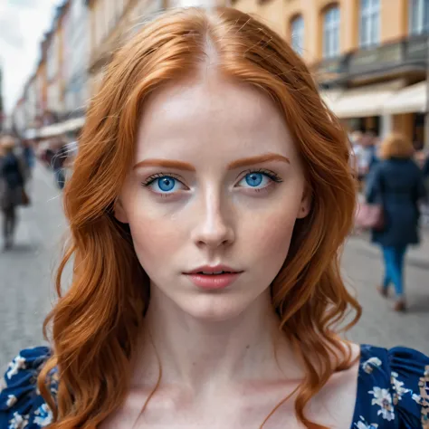 Street photography photo of a young cute redhead woman with blue eyes, detailed beautiful face, in einem engen Kleid, She is wal...