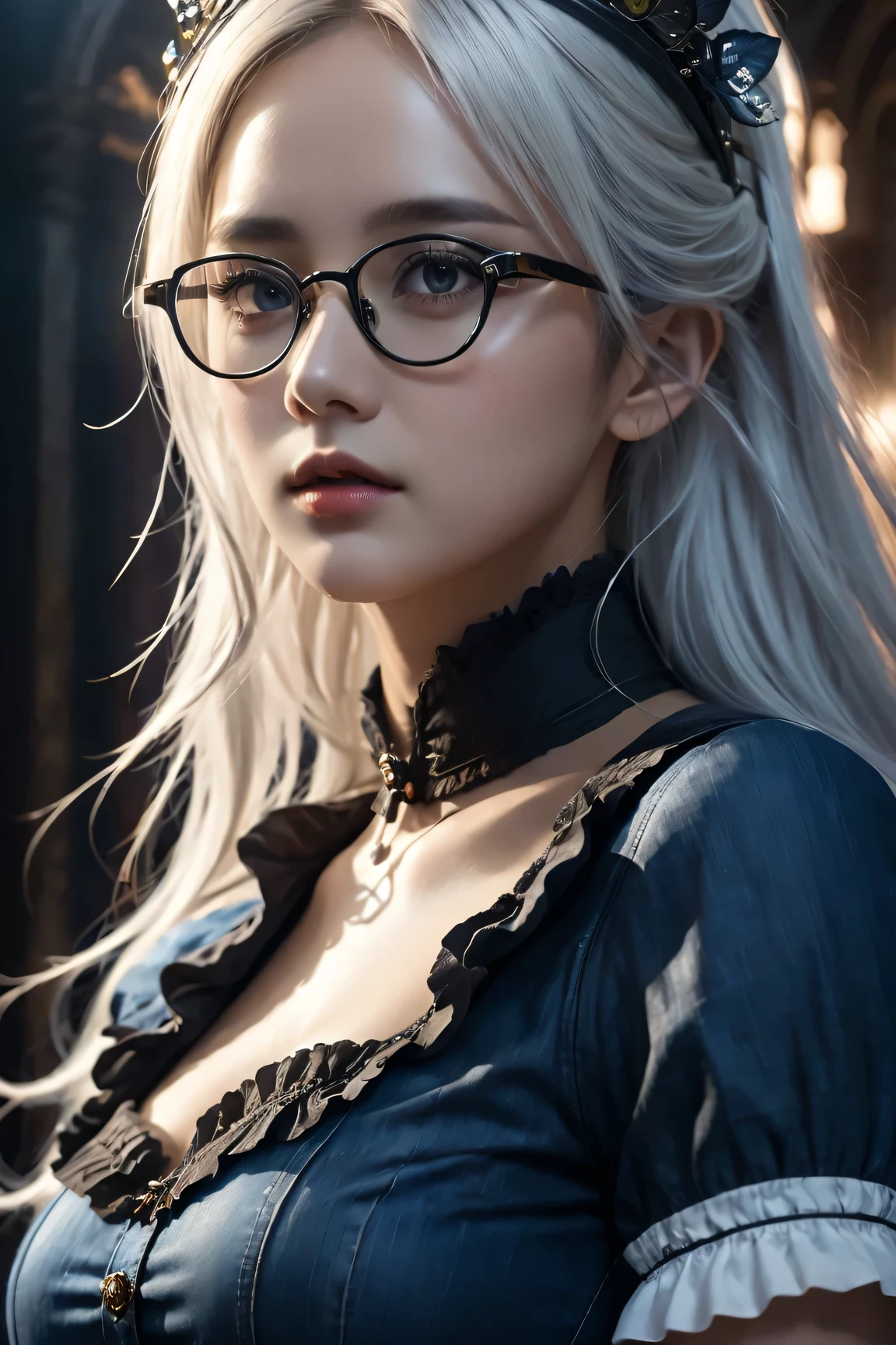 (in the darkness: 1.6),Surrealism, fantasy art, photorealism, dynamic lighting, art station, poster, Volumetric lighting, Very detailed faces, 4K, 1 girl, in the darkness, deep shadow, low profile, Denim maid outfit, long hair, white hair, broken into pieces, luxurious palace, royal style, (wear glasses),(hair accessories),