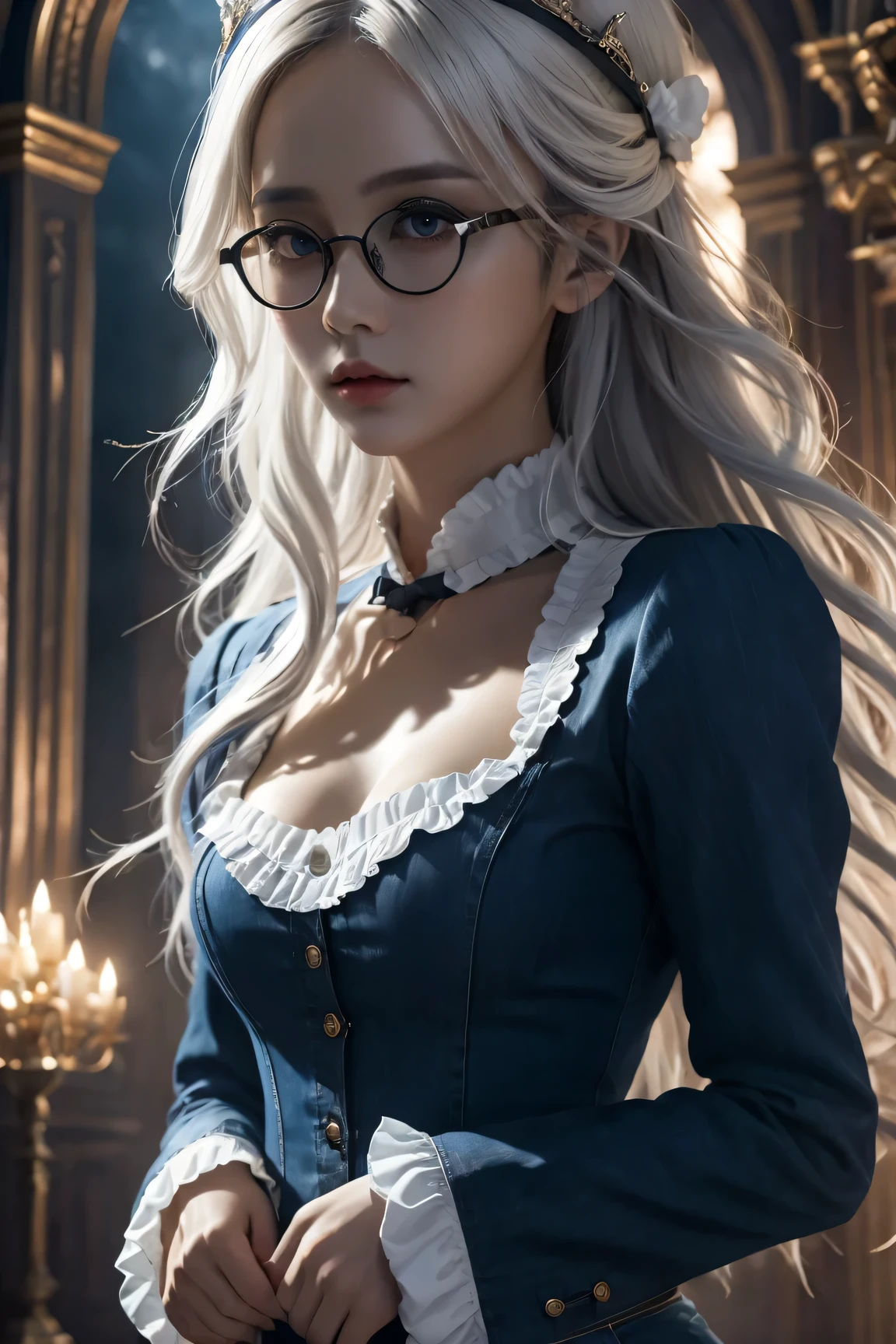 (in the darkness: 1.6),Surrealism, fantasy art, photorealism, dynamic lighting, art station, poster, Volumetric lighting, Very detailed faces, 4K, 1 girl, in the darkness, deep shadow, low profile, Denim maid outfit, long hair, white hair, broken into pieces, luxurious palace, royal style, (wear glasses),(hair accessories),