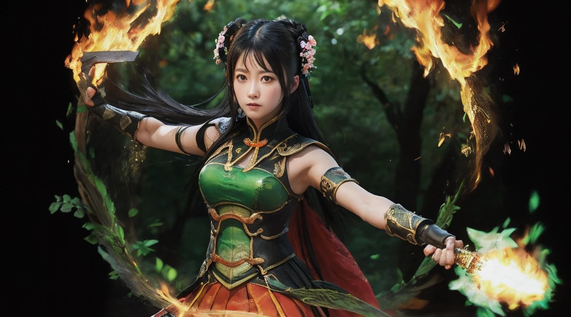 Guan Yinping,flame，combustion，kill，fighting stance, Serious, black hair, brown eyes, hair accessories, hair flower, green roof, looking at the audience, forest, Half body, Hold the card, Black stockings, permanent, 上Half body