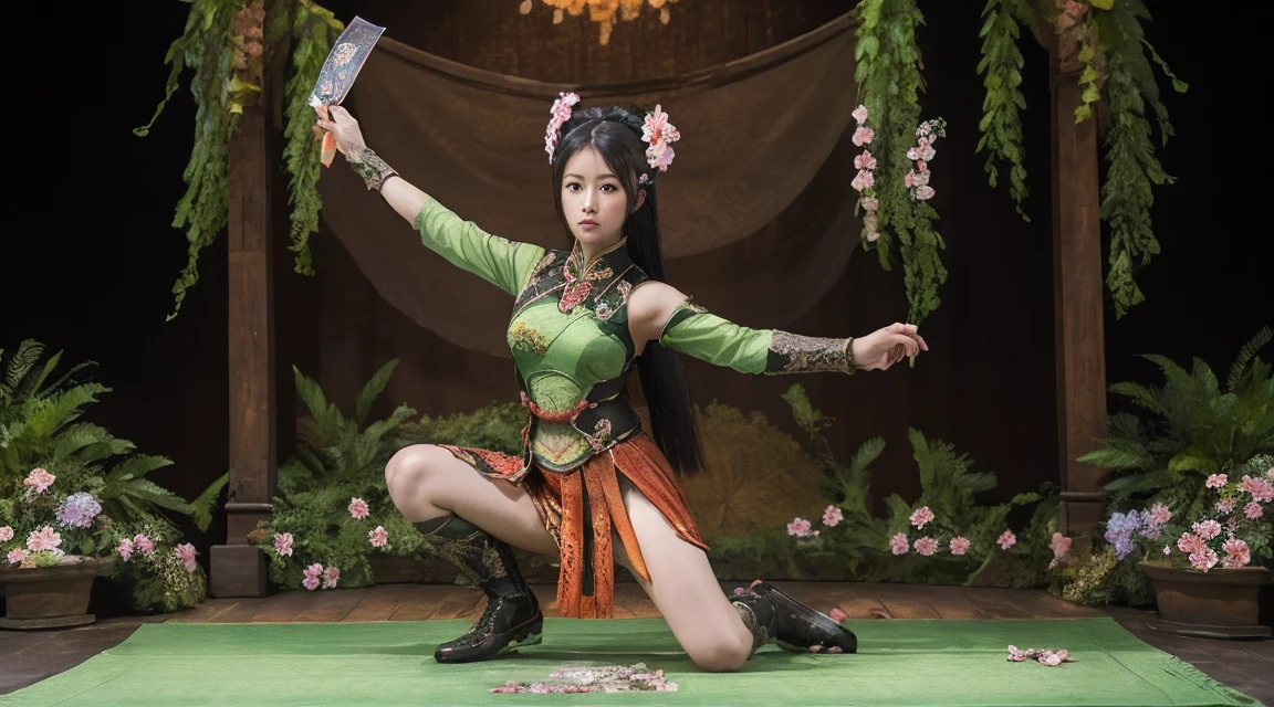 Guan Yinping,flame，combustion，kill，fighting stance, Serious, black hair, brown eyes, hair accessories, hair flower, green roof, looking at the audience, forest, Half body, Hold the card, Black stockings, permanent, 上Half body，Peach blossoms bloom，Jiuzhaigou