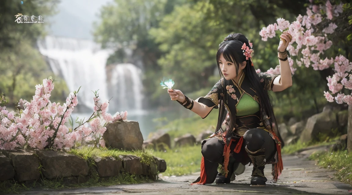 Guan Yinping,flame，combustion，kill，fighting stance, Serious, black hair, brown eyes, hair accessories, hair flower, green roof, looking at the audience, forest, Half body, Hold the card, Black stockings, permanent, 上Half body，Peach blossoms bloom，Jiuzhaigou