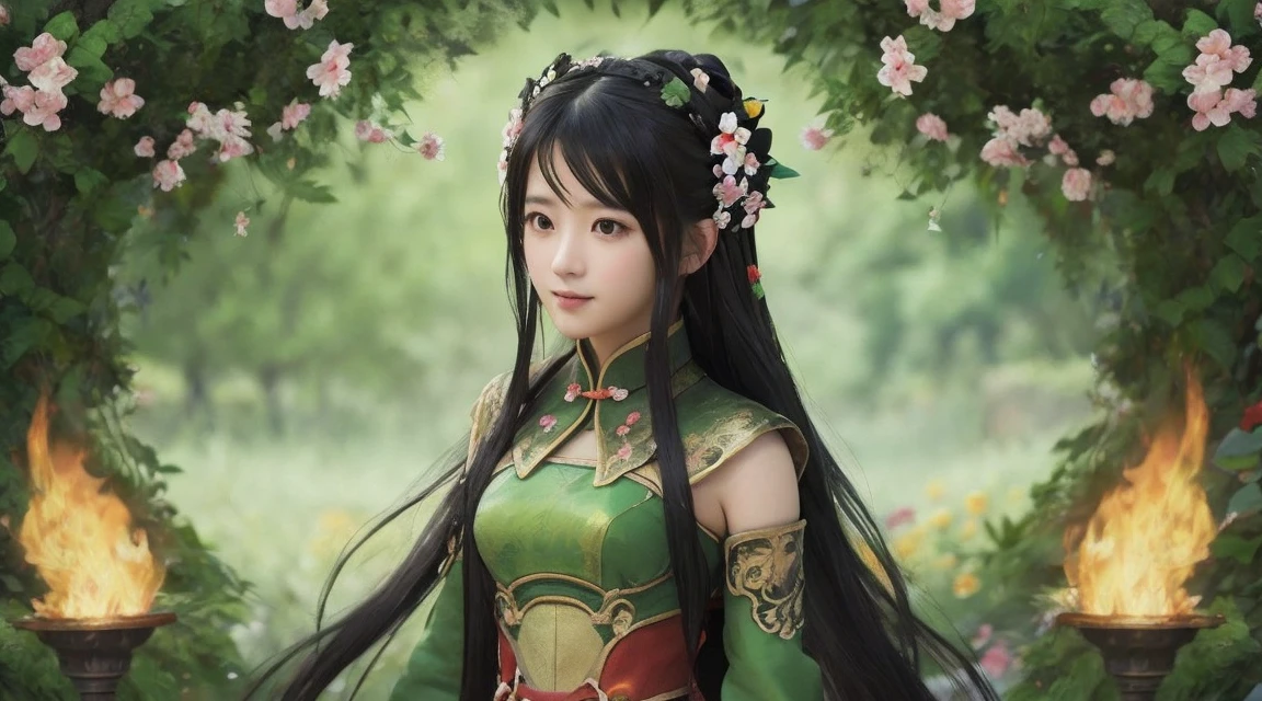 Guan Yinping,flame，combustion， happy, black hair, brown eyes, hair accessories, hair flower, green roof, looking at the audience, forest, Half body, Hold the card, Black stockings, permanent, 上Half body，Jiuzhaigou