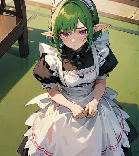 1boy, elf, medium hair, mint hair, pink eyes, maid, short sleeves, shy, blush