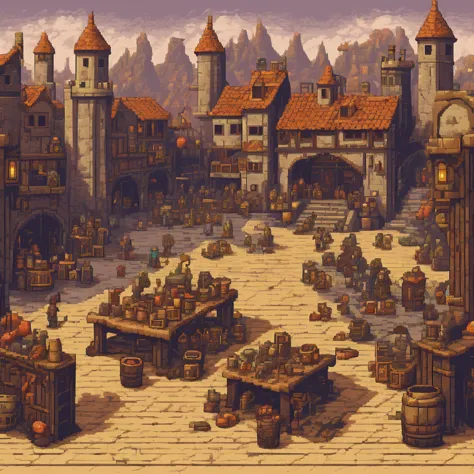 Pixel Art, Pixel art scene of a bustling medieval market, vibrant stalls, lively characters, realistic textures, attention to de...