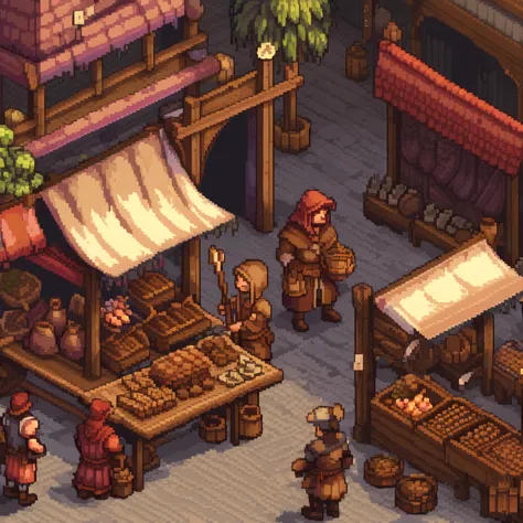 Pixel Art, Pixel art scene of a bustling medieval market, vibrant stalls, lively characters, realistic textures, attention to de...