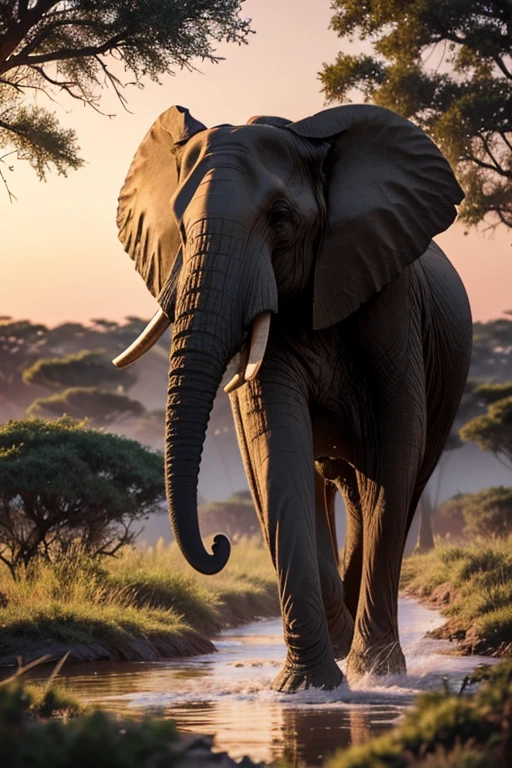 An African elephant in the bush, The largest land mammal strolls quietly through the African bush, in search of food and water. The leaves and branches of the trees offer interesting shapes and textures, while birds sing in the branches. The colors of dusk are reflected on the elephant's rough skin, creating pink and orange reflections. Image format 4096 x 2304 pixels.