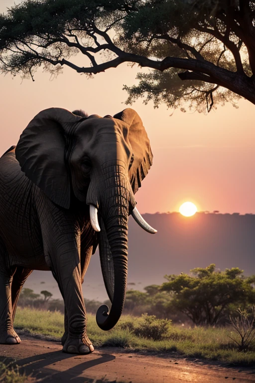 An African elephant in the bush, The largest land mammal strolls quietly through the African bush, in search of food and water. The leaves and branches of the trees offer interesting shapes and textures, while birds sing in the branches. The colors of dusk are reflected on the elephant's rough skin, creating pink and orange reflections. Image format 4096 x 2304 pixels.