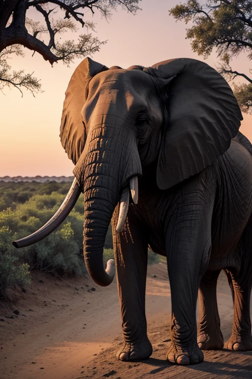An African elephant in the bush, The largest land mammal strolls quietly through the African bush, in search of food and water. The leaves and branches of the trees offer interesting shapes and textures, while birds sing in the branches. The colors of dusk are reflected on the elephant's rough skin, creating pink and orange reflections. Image format 4096 x 2304 pixels.