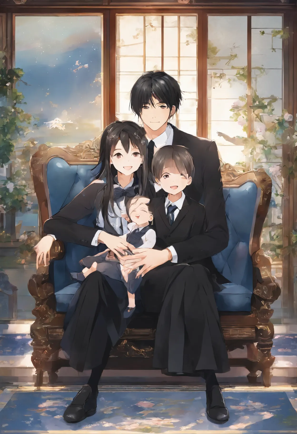 Anime illustration of a family in a living room with a little girl - SeaArt  AI