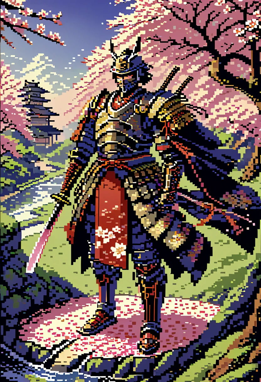 A captivating pixel art illustration of a stoic Japanese samurai, standing tall in his traditional armor with his katana drawn and the blade glowing. The samurai's armor is intricately detailed, featuring ornate patterns that emphasize the honor and dedication of his warrior spirit. The background is a serene scene of cherry blossom trees, with delicate pink petals gently falling around the samurai. The color palette utilizes nostalgic, retro tones that bring a sense of warmth and nostalgia. Subtle shading adds depth and dimensionality to the artwork, enhancing the overall composition.