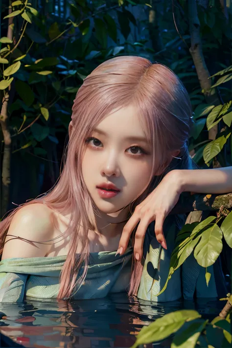 Rose from blackpink, pink hair, (full body), wearing medieval long clothes, sitting on a rock, feet in the water, Drenched hair, The background is a forest, sunset, (masterpiece, best quality, award winning, highres), skinny, intricate and beautiful design...