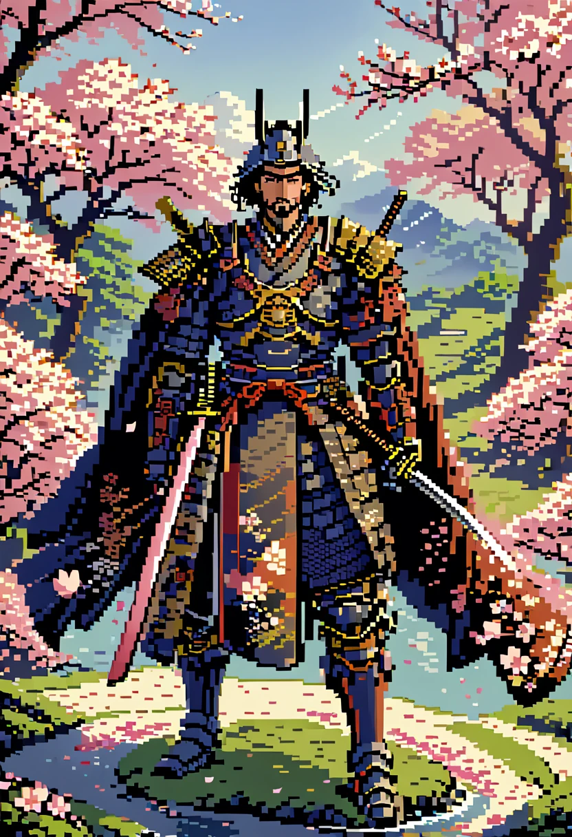 A captivating pixel art illustration of a stoic Japanese samurai, standing tall in his traditional armor with his katana drawn and the blade glowing. The samurai's armor is intricately detailed, featuring ornate patterns that emphasize the honor and dedication of his warrior spirit. The background is a serene scene of cherry blossom trees, with delicate pink petals gently falling around the samurai. The color palette utilizes nostalgic, retro tones that bring a sense of warmth and nostalgia. Subtle shading adds depth and dimensionality to the artwork, enhancing the overall composition.