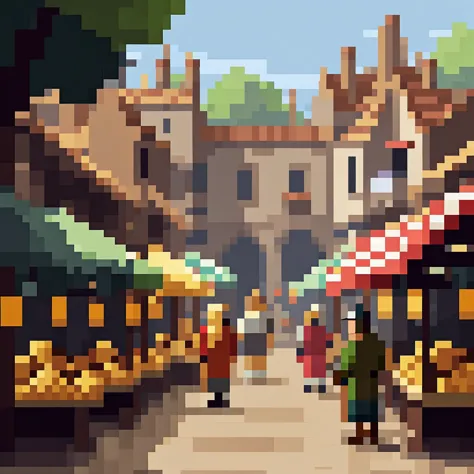 pixel art, pixel art scene of a bustling medieval market, vibrant stalls, lively characters, realistic textures, attention to de...