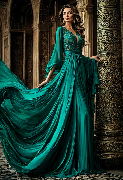 araffed woman in turquoise dress,dark turquoise dress, ornate dark turquoise clothing, flowing dress, turquoise dress, dressed b...