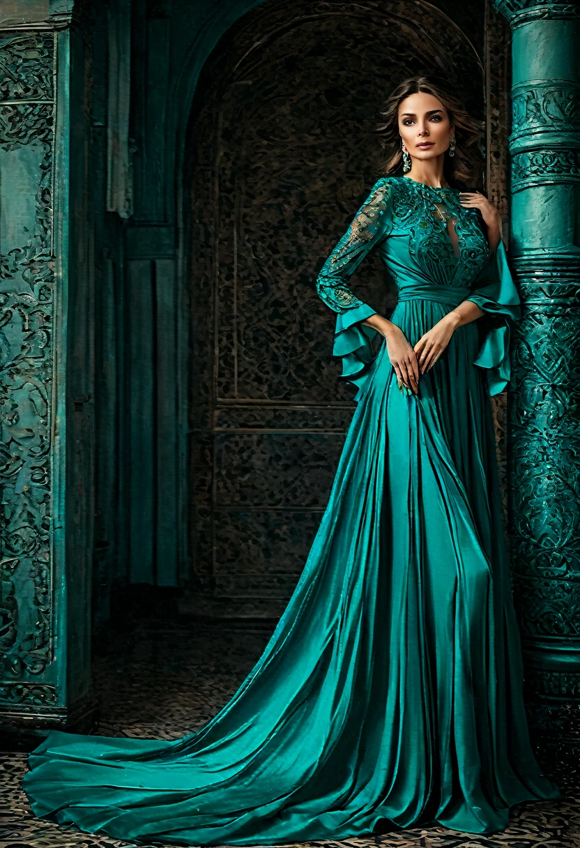 Araffed woman in turquoise dress,Dark turquoise dress, ornate dark turquoise clothing, flowing dress, turquoise dress, dressed beautiful dress, Dark turquoise, Dark turquoise tones, elegant turquoise, beautiful flowing fabric, stunningly elegant, extravagant dress, stunning elegant pose, elegant evening dresses!, flowing dress, graceful and elegant.